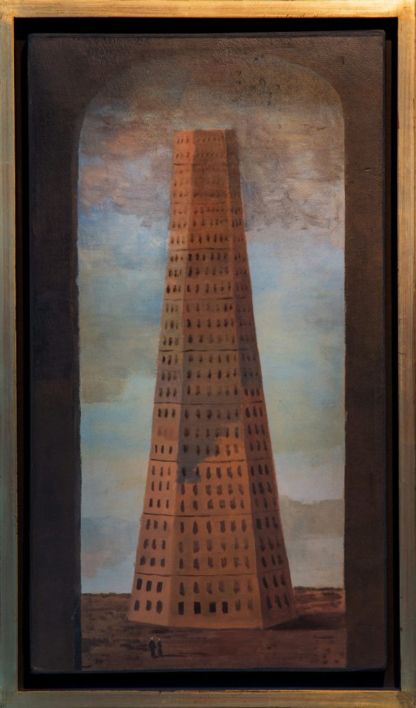 Figura imprescindible del arte argentino del siglo XX y, al mismo tiempo, excéntrica de ese relato por su obra única y distintiva, Aizenberg se definía como pintor surrealista, marco que configuró como excluyente para su producción y alimentó con una mística personal y rigurosa. Trabajaba con el método del automatismo psíquico, mediante el cual intentaba capturar las asociaciones libres del pensamiento sin la intervención reguladora de la razón. Luego, emprendía un meticuloso proceso de depuración hasta alcanzar lo esencial de la imagen. Su excepcional técnica se destaca en el manejo del color, claroscuros y transparencias. Diversos motivos organizan y se reiteran a lo largo de su producción, entre los cuales la torre es el más emblemático, junto con el abanico, las figuras antropomórficas con cabezas esféricas o descabezadas y las formas geométricas que se alzan sobre el horizonte o flotan en el vacío. Aizenberg también trabajó estas geometrías en sus esculturas, tanto de metal como de mármol. El crítico Aldo Pellegrini caracterizó a este grupo de obras dentro de una “geometría metafísica” que “deja de ser un signo material para convertirse en signo espiritual”. Paradigmática es la obra Padre e hijo contemplando la sombra de un día (1962), que integra una serie de pinturas en las cuales un hombre y un niño se asoman a la inmensidad silenciosa del paisaje. Las formaciones globulosas que dominan la parte inferior de ese cuadro fueron realizadas mediante la técnica del grattage —la aplicación de capas de color sobre la tela y el raspado de la superficie con una hoja de filo—. La convivencia inquietante de la abstracción y la figuración que identifica la producción de Aizenberg también está presente en sus dibujos y esculturas en madera, en los que despliega imágenes de cabezas humeantes, piernas femeninas emergiendo de estructuras cúbicas y bañistas de cuerpos blandos que visten trajes con diseños semejantes a circunvoluciones y surcos cerebrales. Aizenberg solía decir: “soy una máquina de tiempo” y, en efecto, su empeño por convertirse en un pintor clásico lo lleva a ser uno de los más contemporáneos.