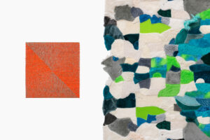[Izquierda] Analía Saban, Woven Gradient, Fluorescent Orange (135°, 315°), 2026; pintura acrílica tejida e hilo de lino sobre panel. [Derecha] Agustina Woodgate, Salmuera (detalle), 2026; pieles de animales de peluche.