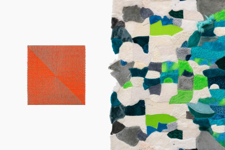 [Izquierda] Analía Saban, Woven Gradient, Fluorescent Orange (135°, 315°), 2026; pintura acrílica tejida e hilo de lino sobre panel. [Derecha] Agustina Woodgate, Salmuera (detalle), 2026; pieles de animales de peluche.